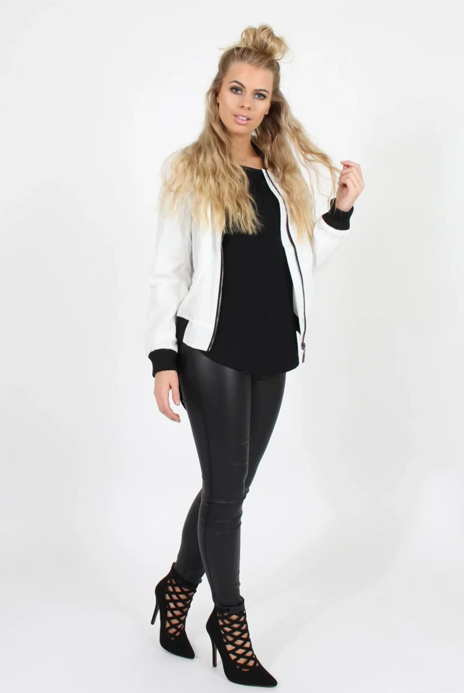 Rebellious Fashion White Black Zip Bomber Jacket - Minah