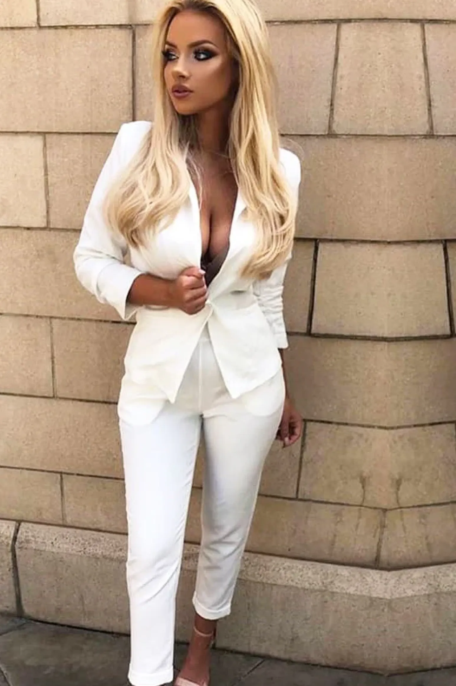 Rebellious Fashion White Blazer and Trousers Co-Ord - Rossie