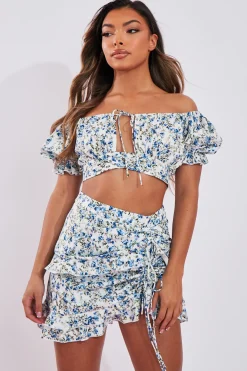Rebellious Fashion White Blue Floral Print Bardot Crop Top & Frill Mini Skirt Set - Carly