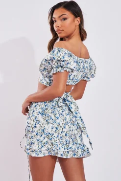 Rebellious Fashion White Blue Floral Print Bardot Crop Top & Frill Mini Skirt Set - Carly