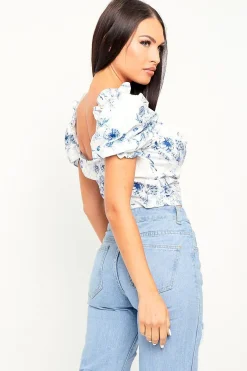 Rebellious Fashion White Blue Printed Corset Crop Top - Kindra