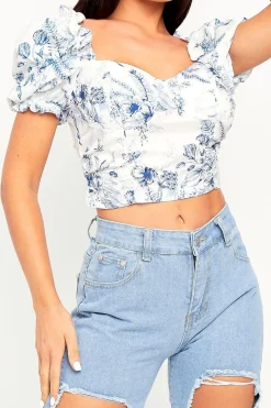 Rebellious Fashion White Blue Printed Corset Crop Top - Kindra
