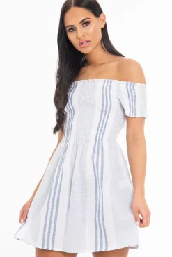 Rebellious Fashion White Blue Stripe Shirred Bardot Woven Mini Dress - Artemis