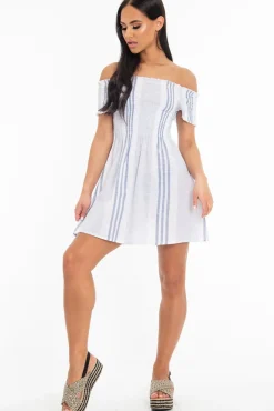 Rebellious Fashion White Blue Stripe Shirred Bardot Woven Mini Dress - Artemis