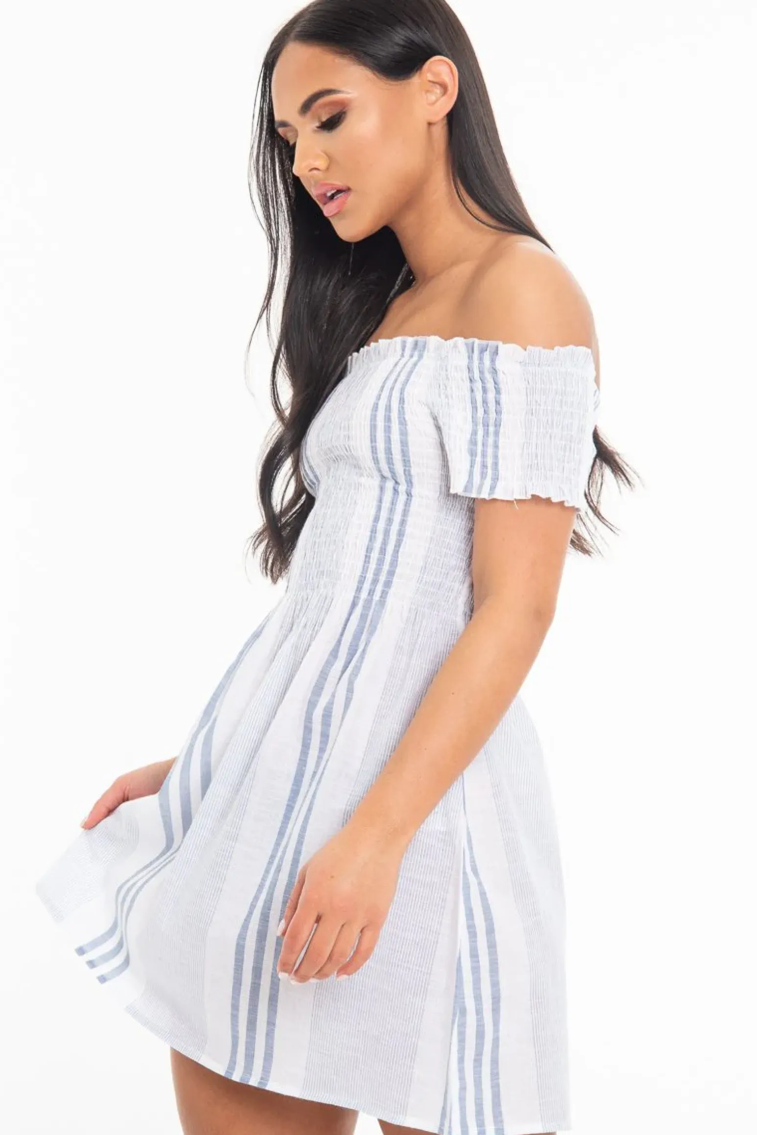 Rebellious Fashion White Blue Stripe Shirred Bardot Woven Mini Dress - Artemis