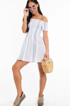 Rebellious Fashion White Blue Stripe Shirred Bardot Woven Mini Dress - Artemis