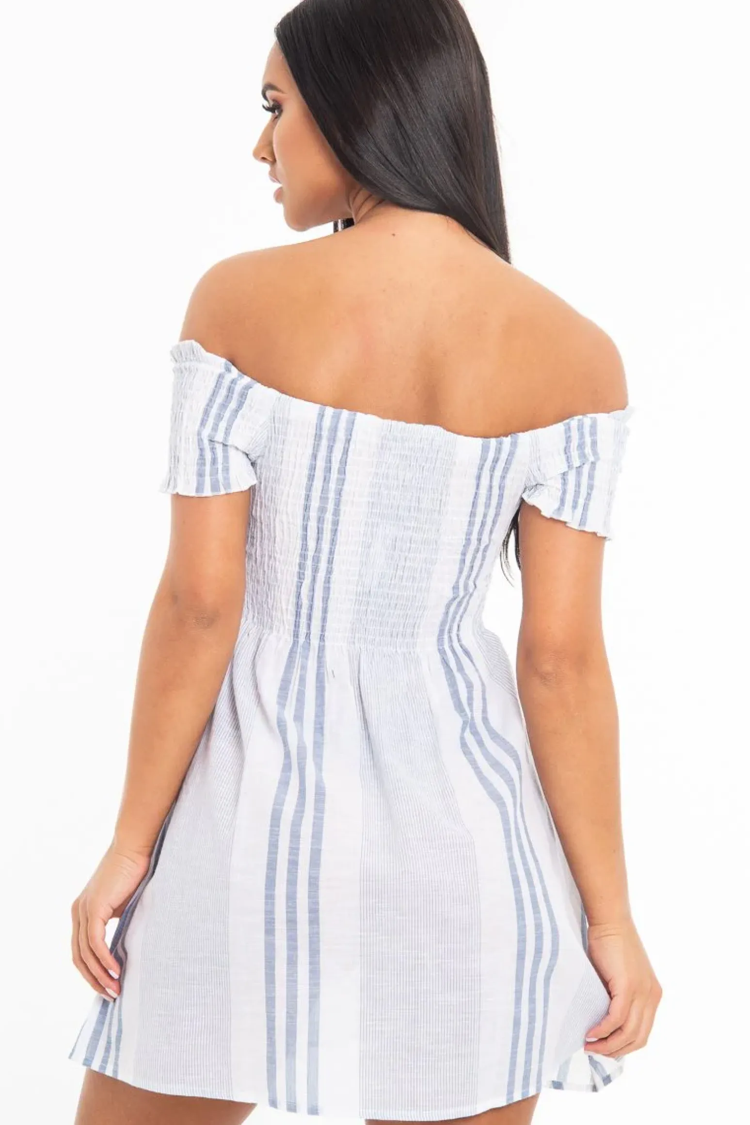 Rebellious Fashion White Blue Stripe Shirred Bardot Woven Mini Dress - Artemis