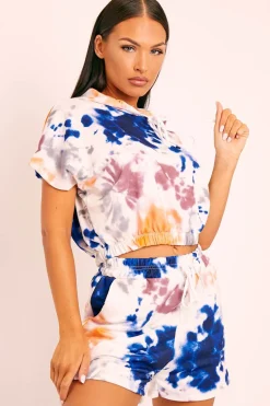Rebellious Fashion White Blue Tie-Dye Hoodie and Shorts Loungewear Co-ord - Makaia