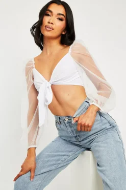 Rebellious Fashion White Bow Front Organza Sleeve Crop Top - Eddie