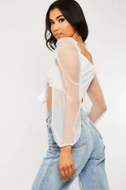 Rebellious Fashion White Bow Front Organza Sleeve Crop Top - Eddie