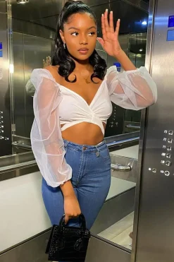 Rebellious Fashion White Bow Front Organza Sleeve Crop Top - Eddie