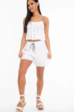 Rebellious Fashion White Braided Drawstring Tassel Detail Shorts - Gabbi