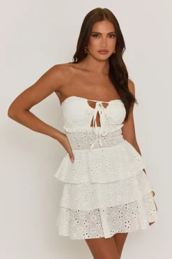 Rebellious Fashion White Broderie Bandeau Ruffle Mini Dress - Maura