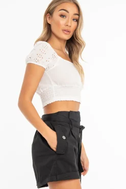 Rebellious Fashion White Broderie Button Front Puff Sleeve Crop Top - Rosaria