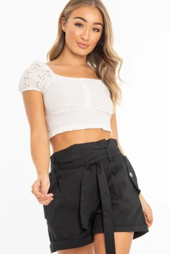 Rebellious Fashion White Broderie Button Front Puff Sleeve Crop Top - Rosaria