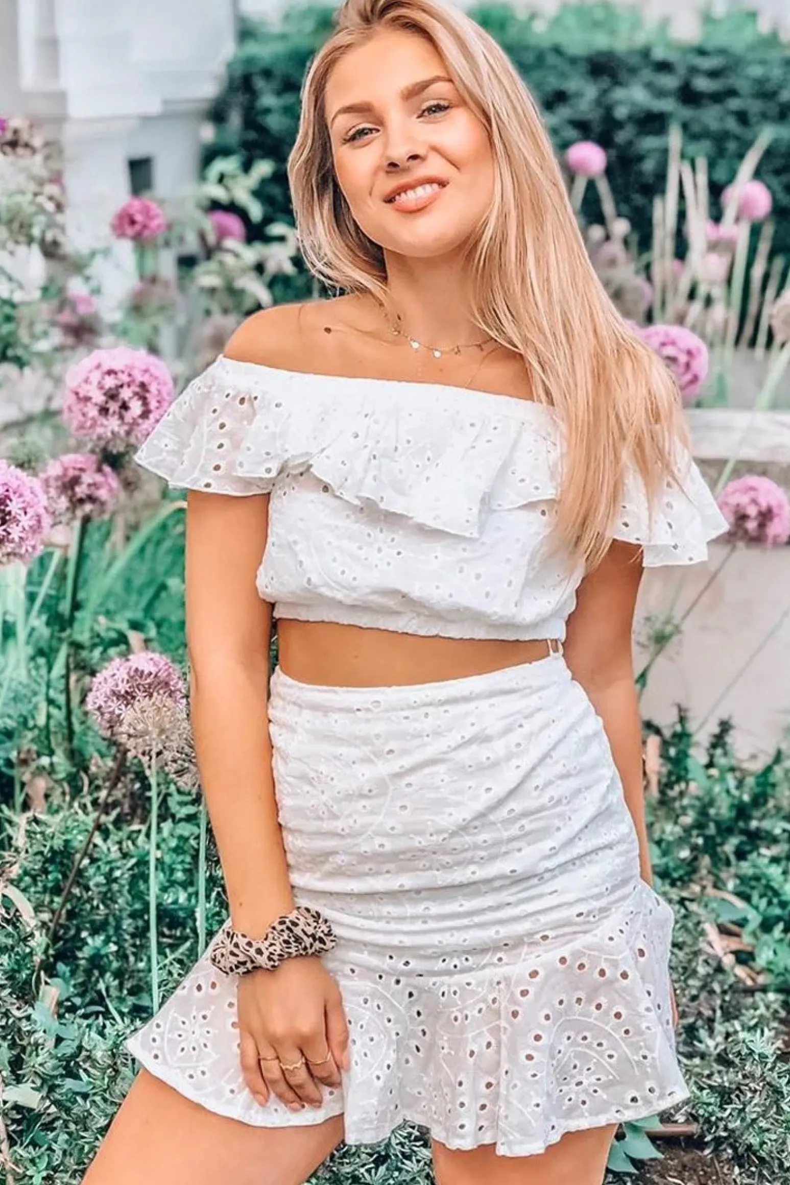 Rebellious Fashion White Broderie Lace Bardot Crop Top Skirt Co-Ord - Dahlia