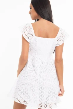 Rebellious Fashion White Broderie Off Shoulder Skater Mini Dress - Lyssa