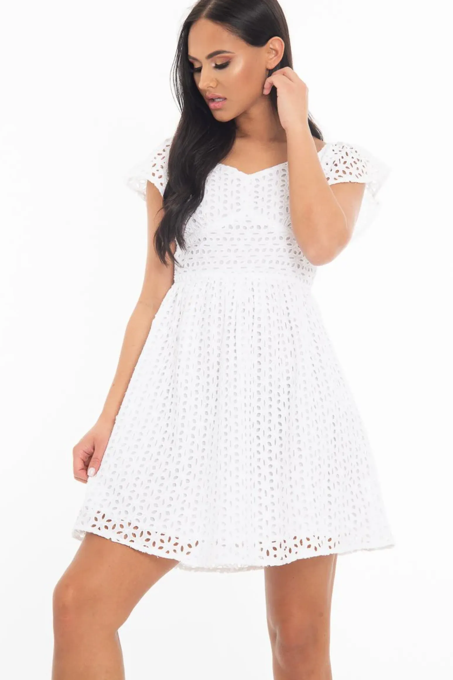 Rebellious Fashion White Broderie Off Shoulder Skater Mini Dress - Lyssa