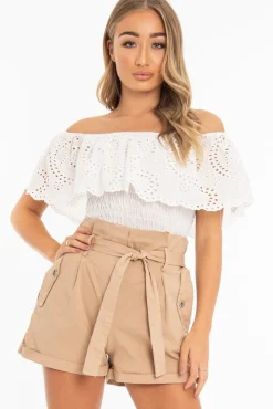 Rebellious Fashion White Broderie Shirred Waist Bardot Top - Sophia