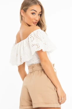 Rebellious Fashion White Broderie Shirred Waist Bardot Top - Sophia