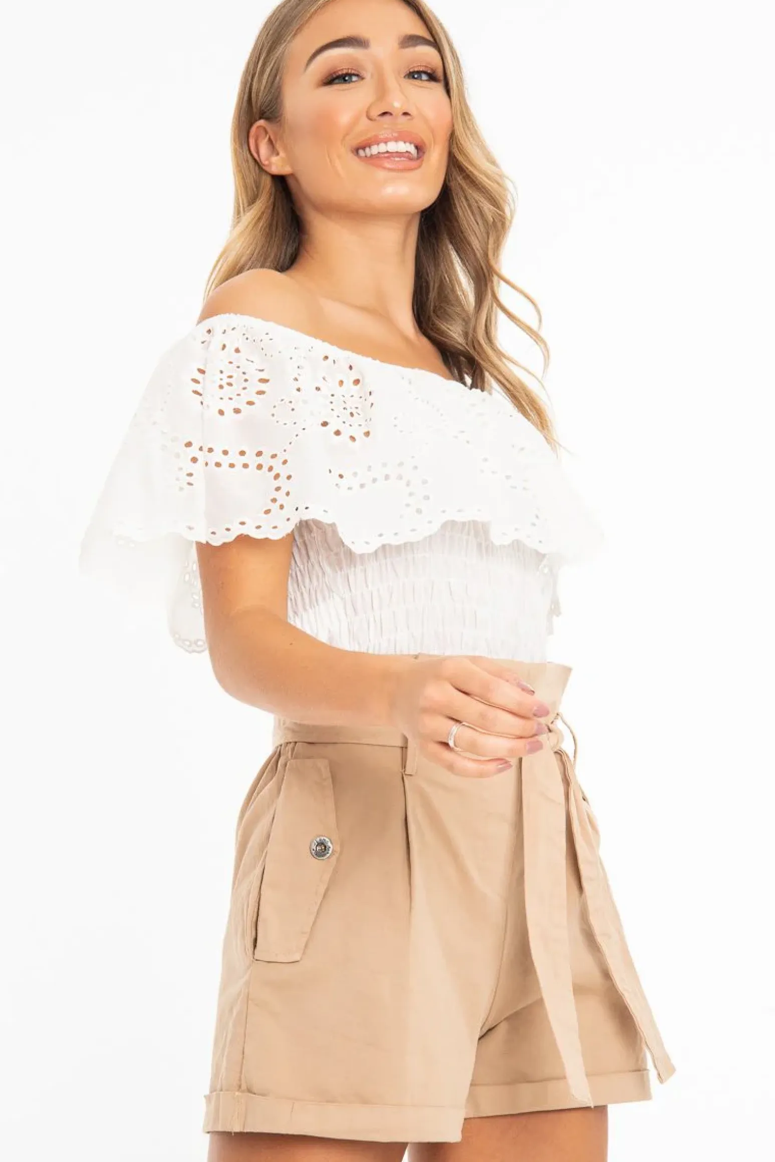 Rebellious Fashion White Broderie Shirred Waist Bardot Top - Sophia