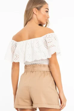 Rebellious Fashion White Broderie Shirred Waist Bardot Top - Sophia