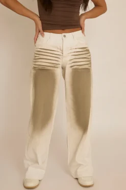 Rebellious Fashion White Brown Spray Wash Low Rise Wide Leg Jeans - Heidi