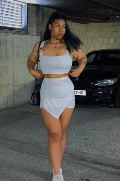Rebellious Fashion White Buckle Crop Top and Asymmetric Skirt Set - Natalie