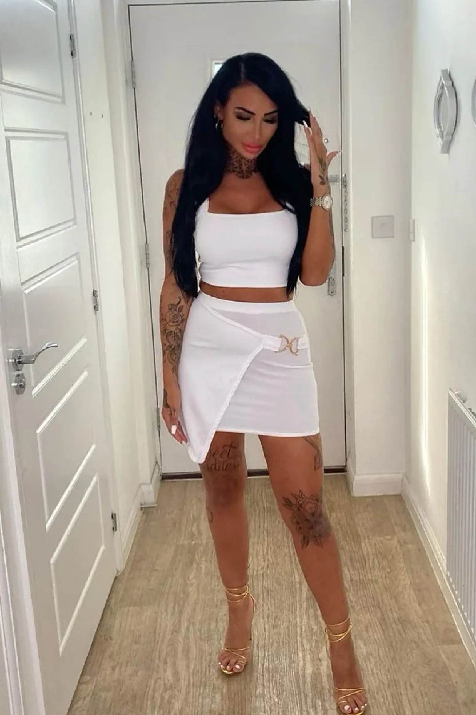 Rebellious Fashion White Buckle Crop Top and Asymmetric Skirt Set - Natalie