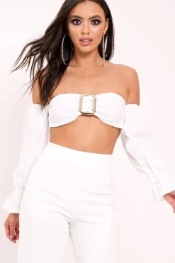 Rebellious Fashion White Buckle Front Extreme Bardot Crop Top - Theora