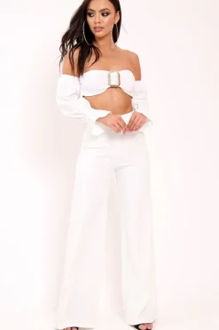 Rebellious Fashion White Buckle Front Extreme Bardot Crop Top - Theora
