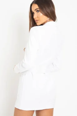 Rebellious Fashion White Button Front Belted Blazer Dress - Justyne