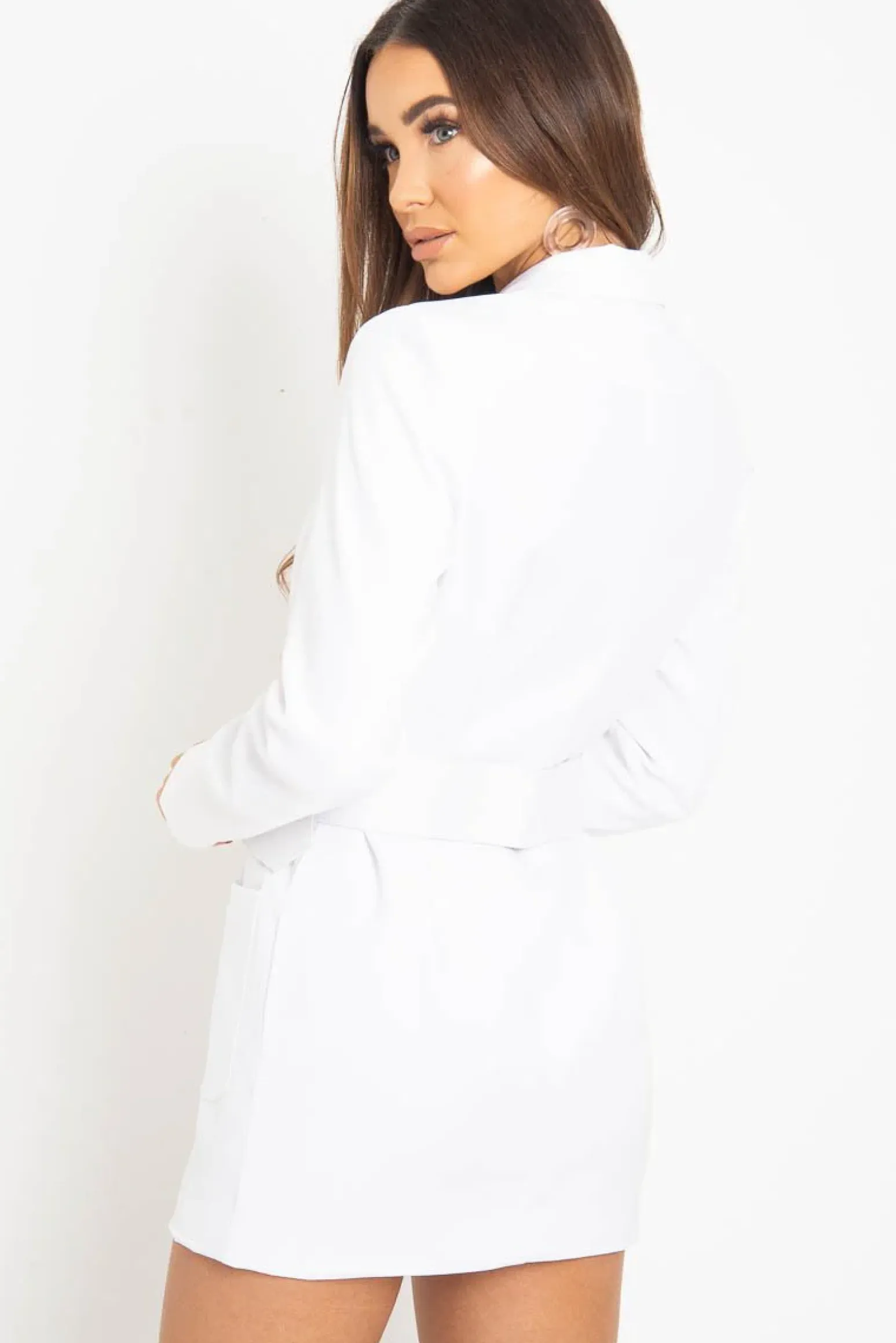 Rebellious Fashion White Button Front Belted Blazer Dress - Justyne