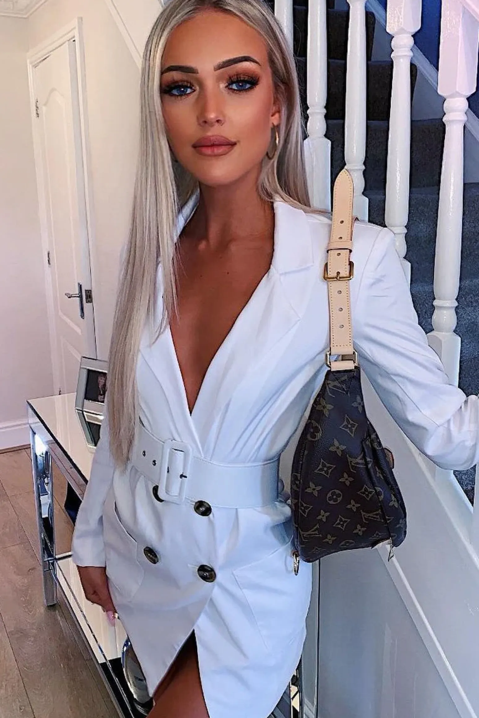 Rebellious Fashion White Button Front Belted Blazer Dress - Justyne