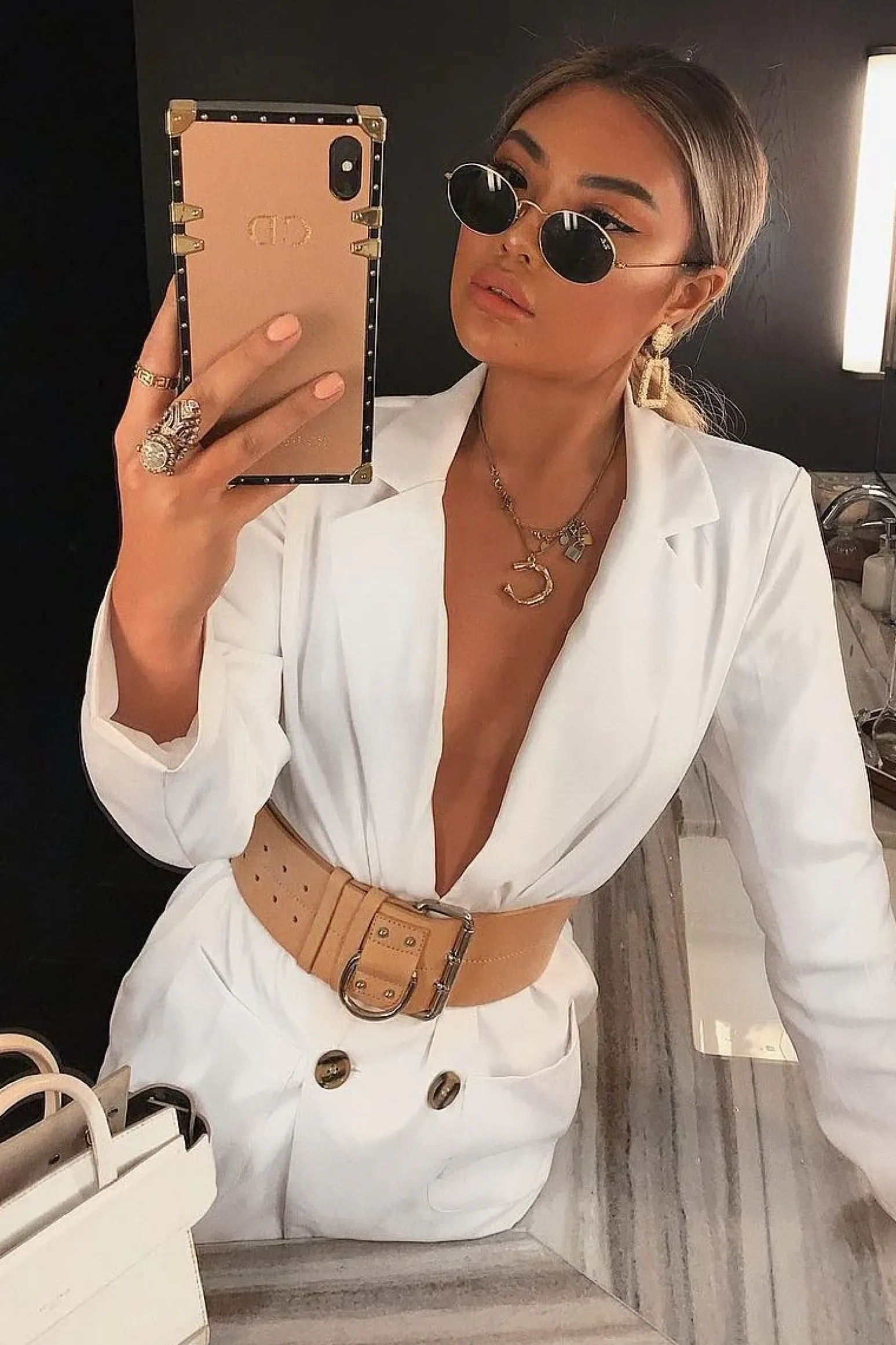 Rebellious Fashion White Button Front Belted Blazer Dress - Justyne