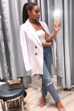 Rebellious Fashion White Button Front Belted Blazer Dress - Justyne
