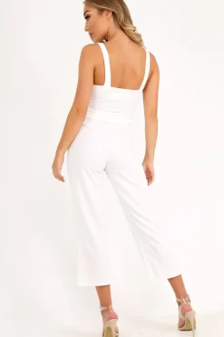 Rebellious Fashion White Button Front Belted Culotte Jumpsuit - Magy