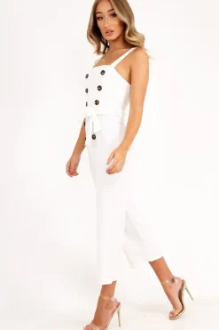 Rebellious Fashion White Button Front Belted Culotte Jumpsuit - Magy