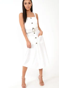 Rebellious Fashion White Button Front Belted Midi Dress - Caela