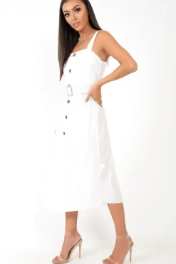 Rebellious Fashion White Button Front Belted Midi Dress - Caela
