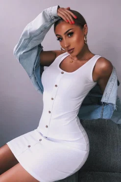Rebellious Fashion White Button Front Ribbed Bodycon Dress - Oliviana