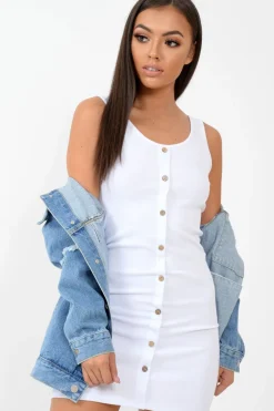 Rebellious Fashion White Button Front Ribbed Bodycon Dress - Oliviana