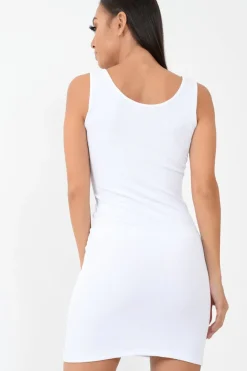 Rebellious Fashion White Button Front Ribbed Bodycon Dress - Oliviana
