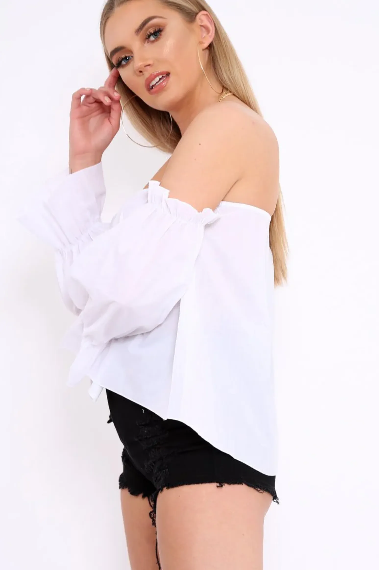 Rebellious Fashion White Button Up Bardot Crop Top - LuLu