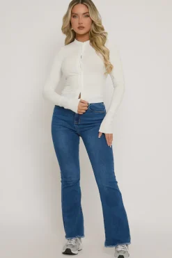 Rebellious Fashion White Button Up Rib Long Sleeve Top - Georgiana