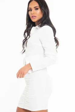 Rebellious Fashion White Button Zip Detail Belted Shirt Dress - Arabelle