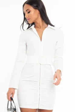 Rebellious Fashion White Button Zip Detail Belted Shirt Dress - Arabelle