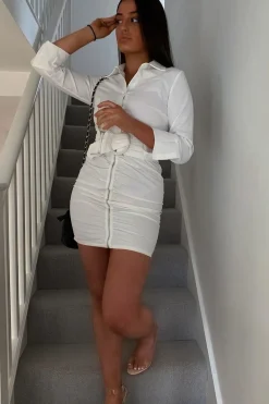 Rebellious Fashion White Button Zip Detail Belted Shirt Dress - Arabelle