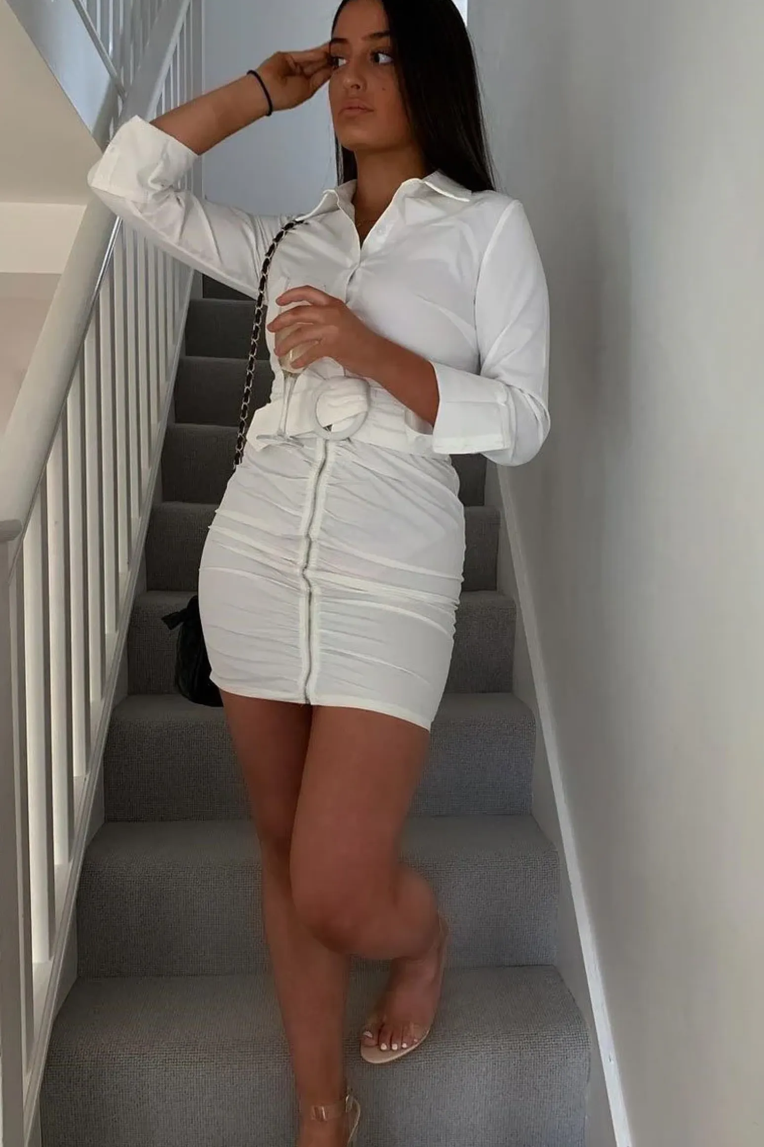 Rebellious Fashion White Button Zip Detail Belted Shirt Dress - Arabelle