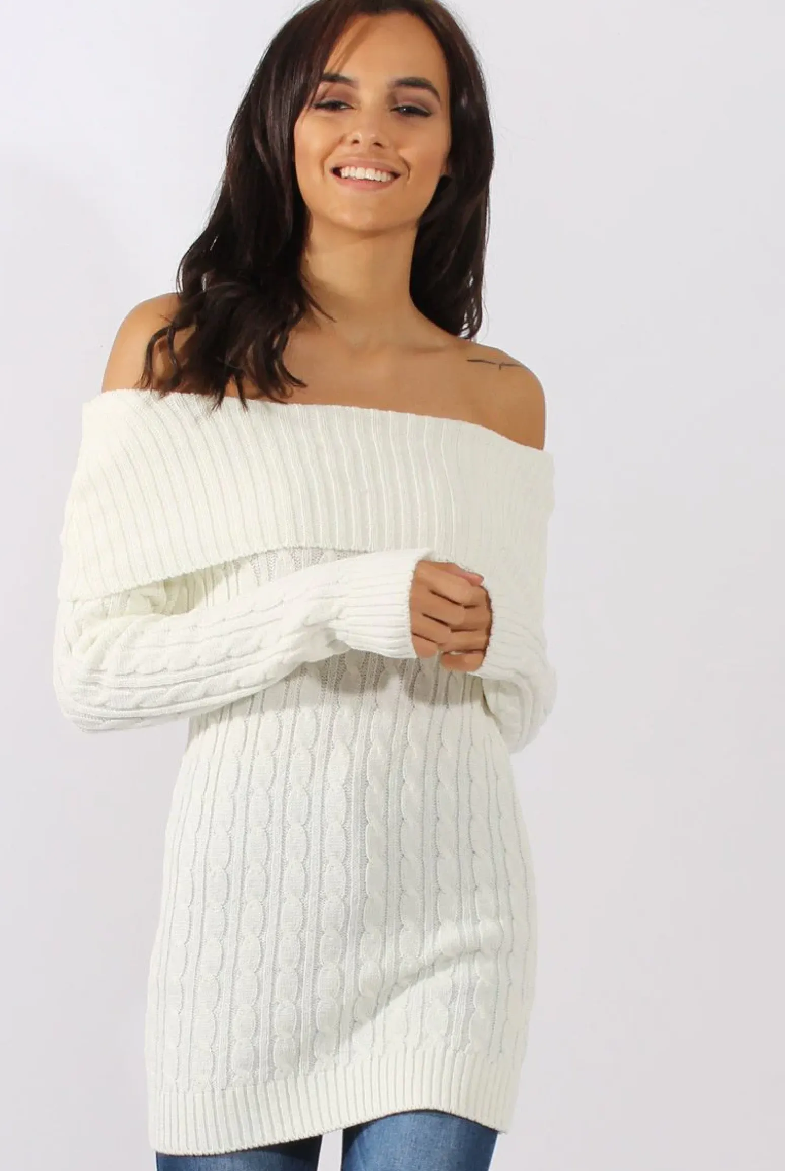 Rebellious Fashion White Cable Knit Bardot Top - Deakin
